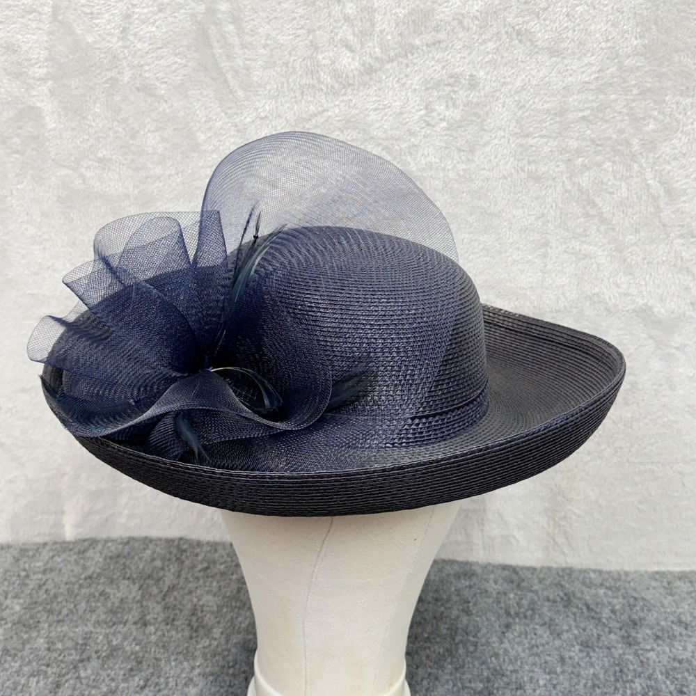 VTG Kentucky Derby Hat Womens Blue Mesh Lace Wide Brim Fascinator Wedding Church